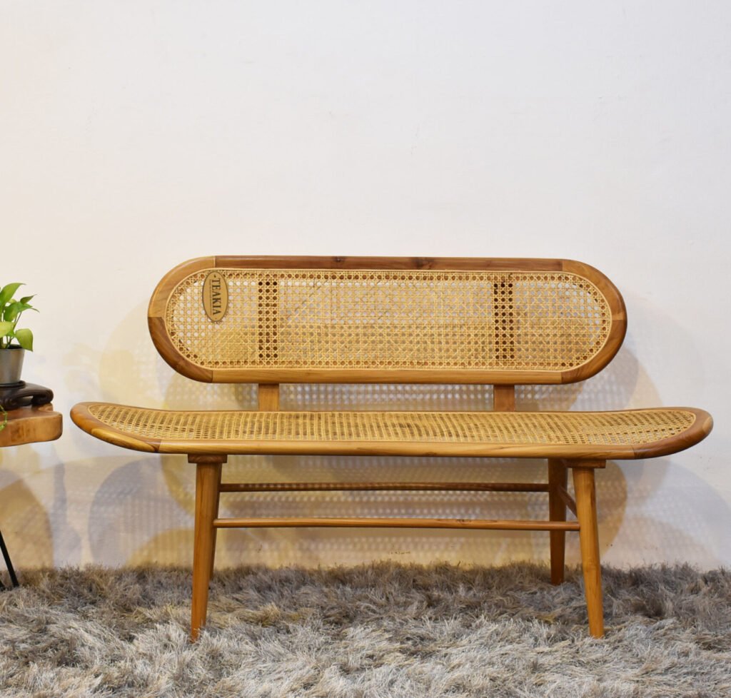 Small Rounded Ratan Bench Teak and Rattan Wooden Bench - Teakia